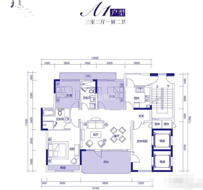 A1户型 3室2厅2卫  (建筑面积) 建筑面积 140.00㎡